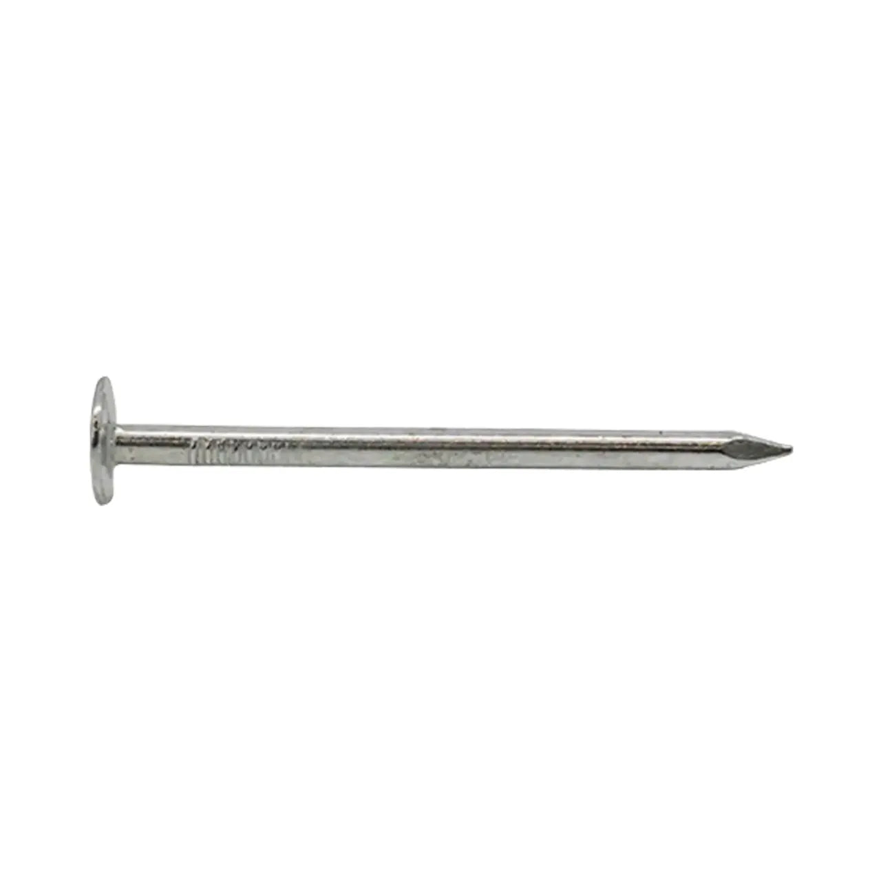 The Go Build 1-1/2 in. Electro-Galvanized Metal Roofing Nail (25 lbs/Pack) features a flat round head and pointed tip, perfect for securing asphalt shingles; shown against a white background.